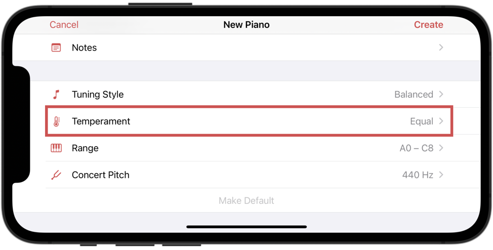 Opening the dialog for the temperaments