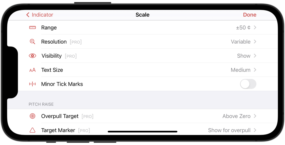 Settings for the range and visibility of the scale