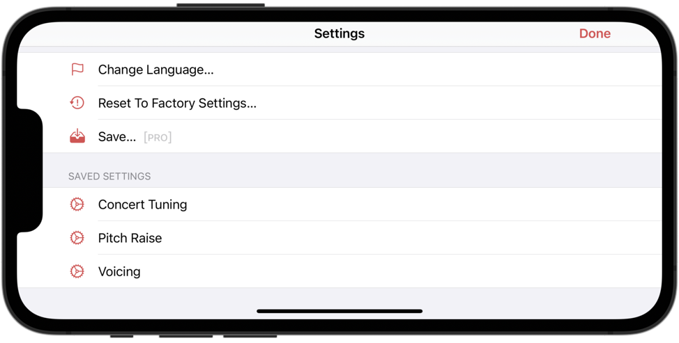 List of saved settings