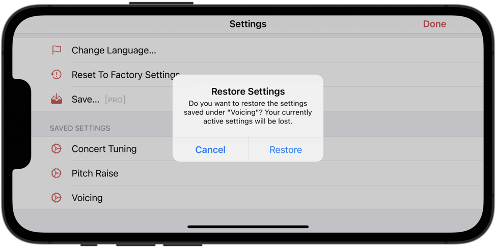 Restoring settings