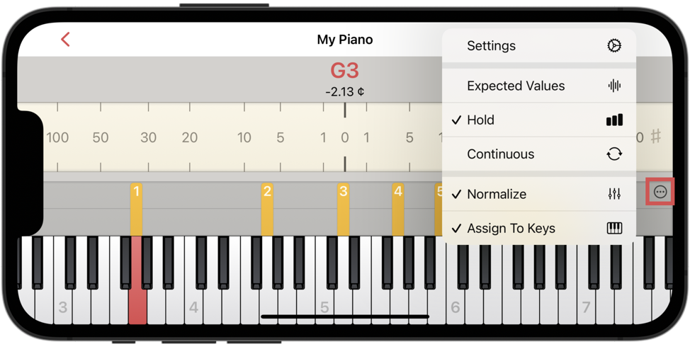 Menu with options for the partial tone spectrum