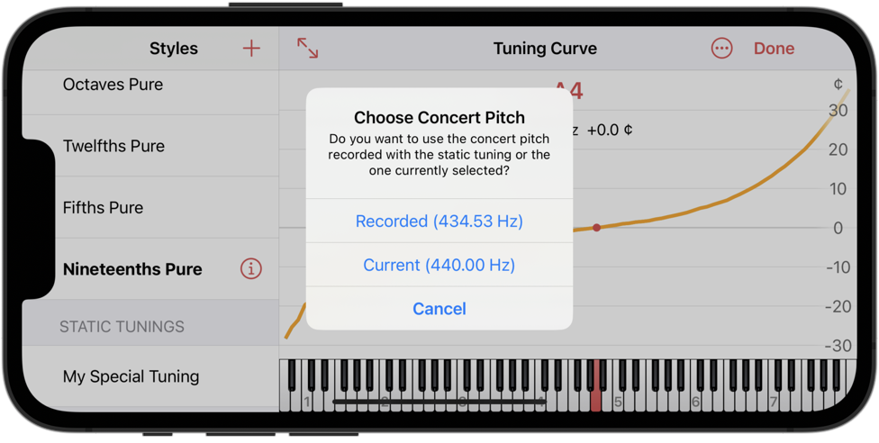 Selecting the concert pitch for static tuning